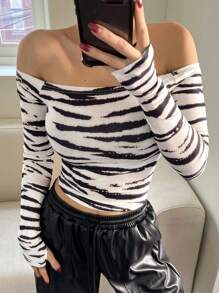DAZY 女士斑马纹露肩修身百搭T恤黑白春夏长袖女上衣短款女上衣 - 黑與白 - 查看 8