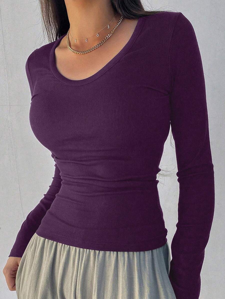 Dazy Star Women's Fitted Crew Neck Long Sleeve All-Match Casual T-Shirt,Fall Clothes - Purple - View 1