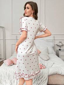 可爱樱桃印花拼布荷叶边下摆女式睡裙 - 白色 - 查看 2