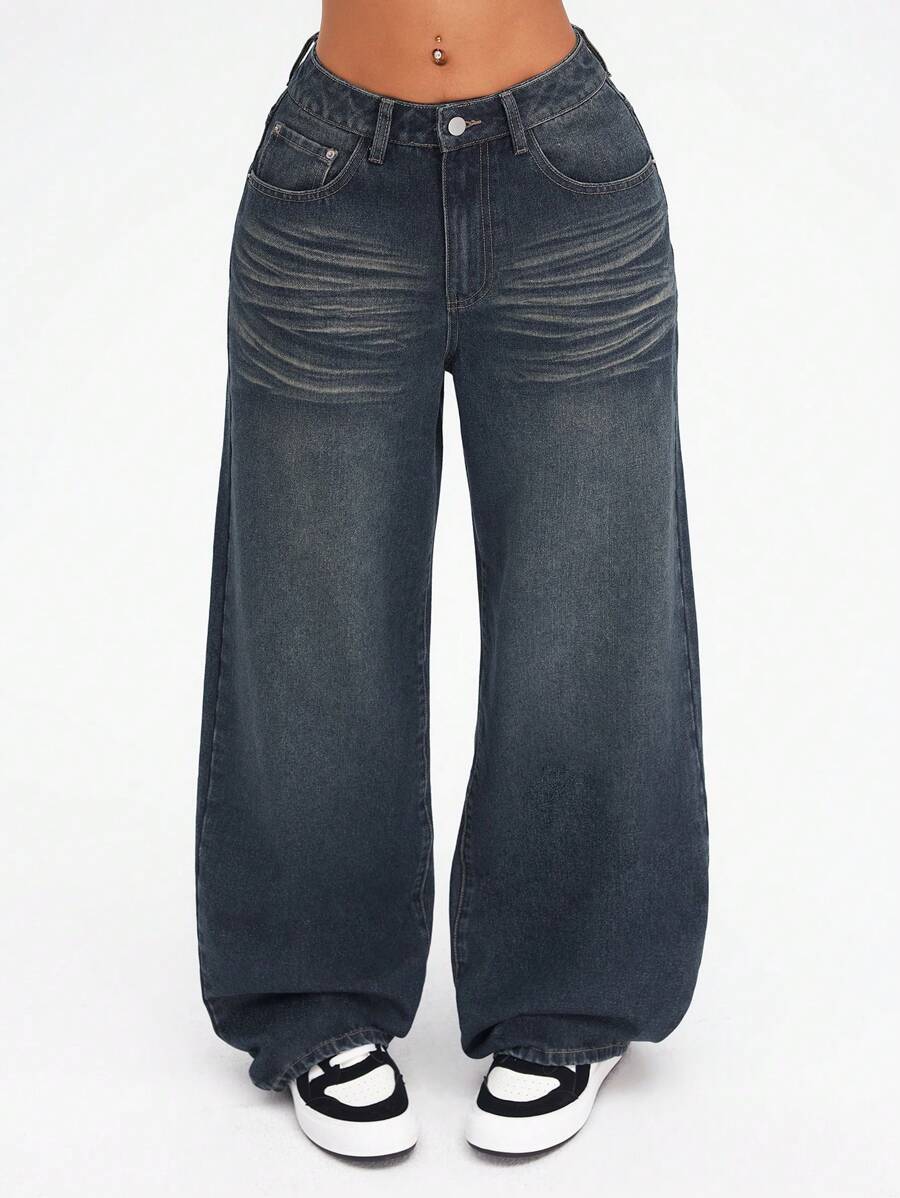 SHEIN ICON 街头风格复古宽松阔腿女式牛仔裤