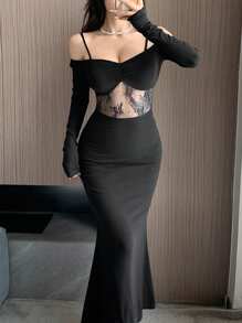 DAZY Women's Lace Patchwork Hollow Out Off Shoulder Long Sleeve Dress For Party/Graduation,Back To School Clothes,Fall Dress - Black - View 2