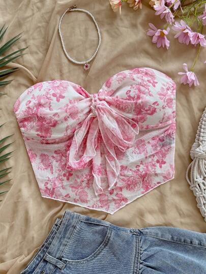 Soleia 女士花卉印花露肩系带前部不对称荷叶边下摆短款度假上衣