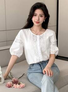 DAZY 女士圆领短袖开襟都市休闲衬衫 - 白色 - 查看 7