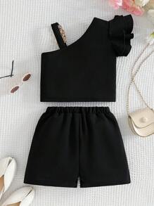 2pcs Set Young Girls Black Fashion Spaghetti Strap Top With Gold Decor Elastic Waist Loose Shorts For Daily,Party,Birthday,Summer Holiday - Black - View 2