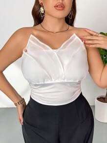 SHEIN Privé Top de entallada de maya con cuello simulado, plisada y con estampado floral, para mujer tallas grandes, elegante y cómoda para uso diario y fiestas. Color blanco, para primavera/verano - Blanco - Ver 6