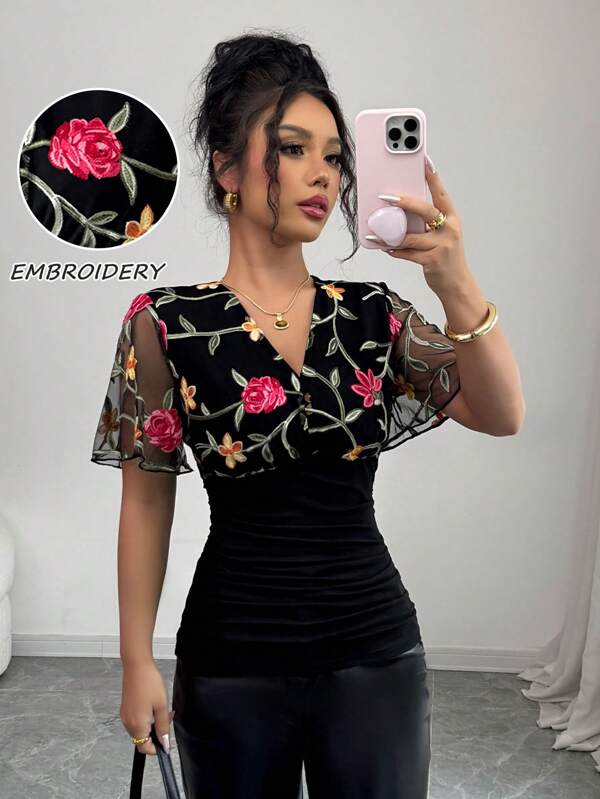 Elenzga Women's Spring/Summer Mesh Embroidered Floral Short Sleeve Ruched Casual T-Shirt