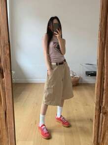 DAZY 女式低腰休闲工装口袋短款短裤夏季 - 卡其色 - 查看 6