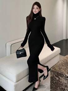 DAZY Women's Spring Fall Solid Color High Neck Long Sleeve Side Split Hem Long Fitted Elegant Dress - Black - View 3