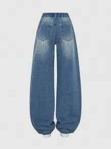 Teenage (Girls) Retro Rhinestone Ripped Washed Wide-Leg Jeans, Casual Fashion - Medium Wash - View 7