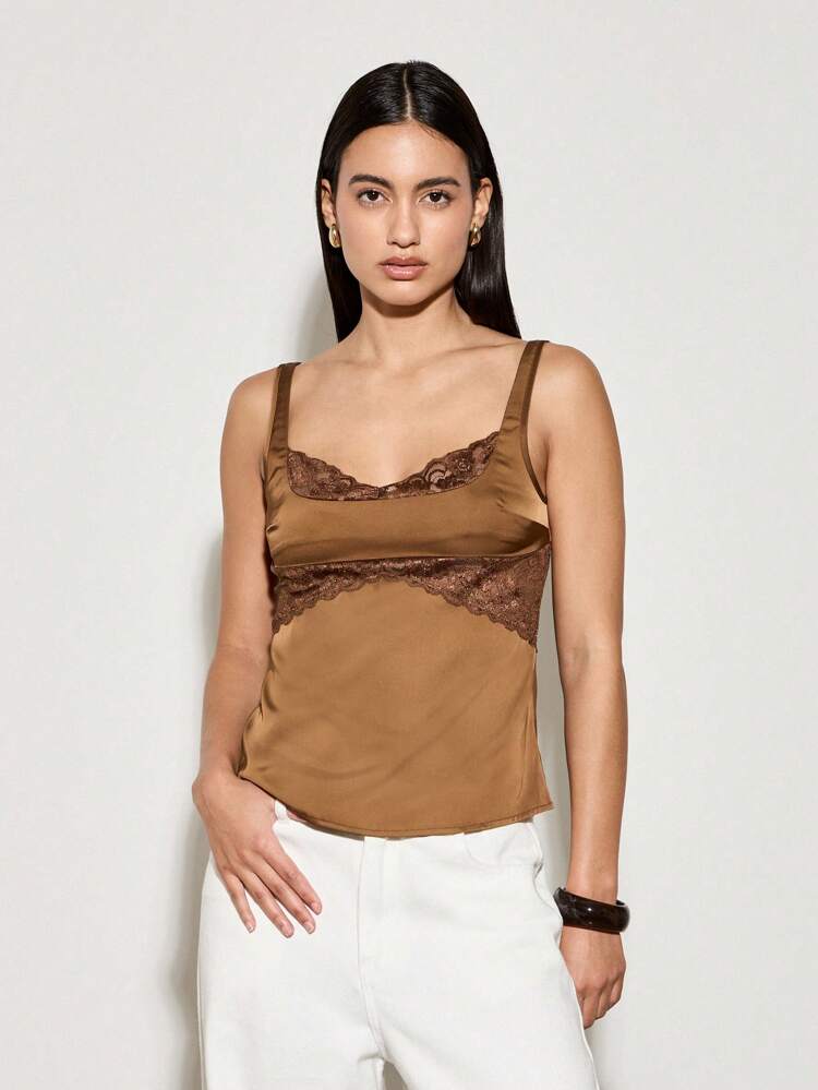 Satin Sleeveless Camisole With Lace Trim