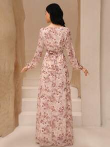 Graceveil Women's Chiffon Printed Round Neck Lantern Sleeve Cinched Waist Waist Romantic Elegant Dress,Modest - Pink - View 2