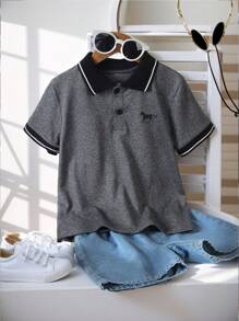 SHEIN 1 pieza Camisa polo deportiva informal para niño, diseño de bloques de color, adecuada para uso diario, escuela, salidas, actividades al aire libre, escapadas de primavera/verano, vacaciones, viajes, relajación, tomar el sol - Gris - Ver 3