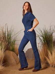 WESTFADE Collared Zip Front Fitted Flare Leg Denim Jumpsuit Western Overall Festival Outfit - Medium Wash - View 3