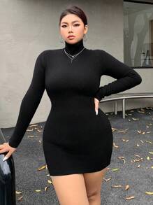 Dazy Petite Plus Black Solid Color Fitted Turtleneck Short Dress, Thermal Lining, Spring/Summer/Autumn - Black - View 3