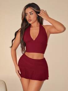 SHEIN ICON Halter Neck Tank Top And Low Waist Pleated Mesh Mini Skirt Set Burgundy - Burgundy - View 3