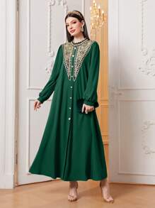 Al Najma Elegant Floral Embroidered Long Arabian Dress - Dark Green - View 5