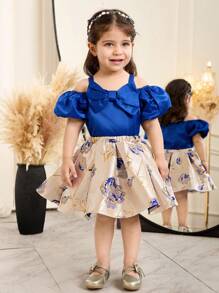 SHEIN Babygirl 花卉印花优雅无袖上衣和裙子套装，夏季