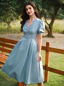 Vintamour 复古优雅女装 带口袋纽扣 休闲通勤度假连衣裙 女士夏季服装 女士度假服装 女士夏季连衣裙 女士沙滩服装 女士生日服装 女士婚礼宾客服装 女士复活节春季连衣裙 夏季服装 女士春季服装 女士复活节连衣裙 女士生日服装 春假女士太阳连衣裙 女士优雅连衣裙 - 藍色 - 查看 1