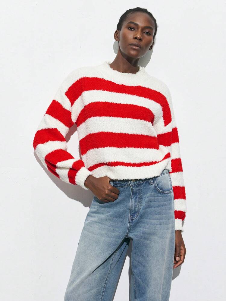SHEIN Maija Women's Casual Pullover Knit Top With Red Contrasting Striped Pattern, Fashion & Versatile, Spring
