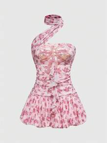 ROMWE Fairycore Women's Retro Palace Style Romantic Ditsy Floral Sequined Ruffle Hem Bud Mini Dress - Pink - View 1