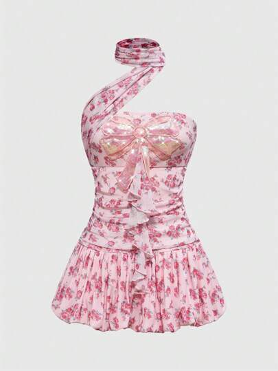 Fairycore Women's Retro Palace Style Romantic Ditsy Floral Sequined Ruffle Hem Bud Mini Dress