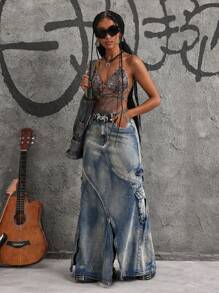 Jeanoix 女士时尚水洗复古工装超长牛仔半身裙 - 藍色 - 查看 5