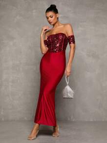 Glamine 新款女式勃艮第酒红色优雅华丽露肩短袖亮片拼接后拉链缎面高腰针织正式晚宴装长裙、约会晚礼服、舞会半正式礼服、生日礼服、婚礼宾客礼服、女士礼服、女士夏季礼服、女士优雅礼服、女士生日礼服、女士长裙、女士婚礼宾客礼服、舞会礼服 - 酒紅色 - 查看 1