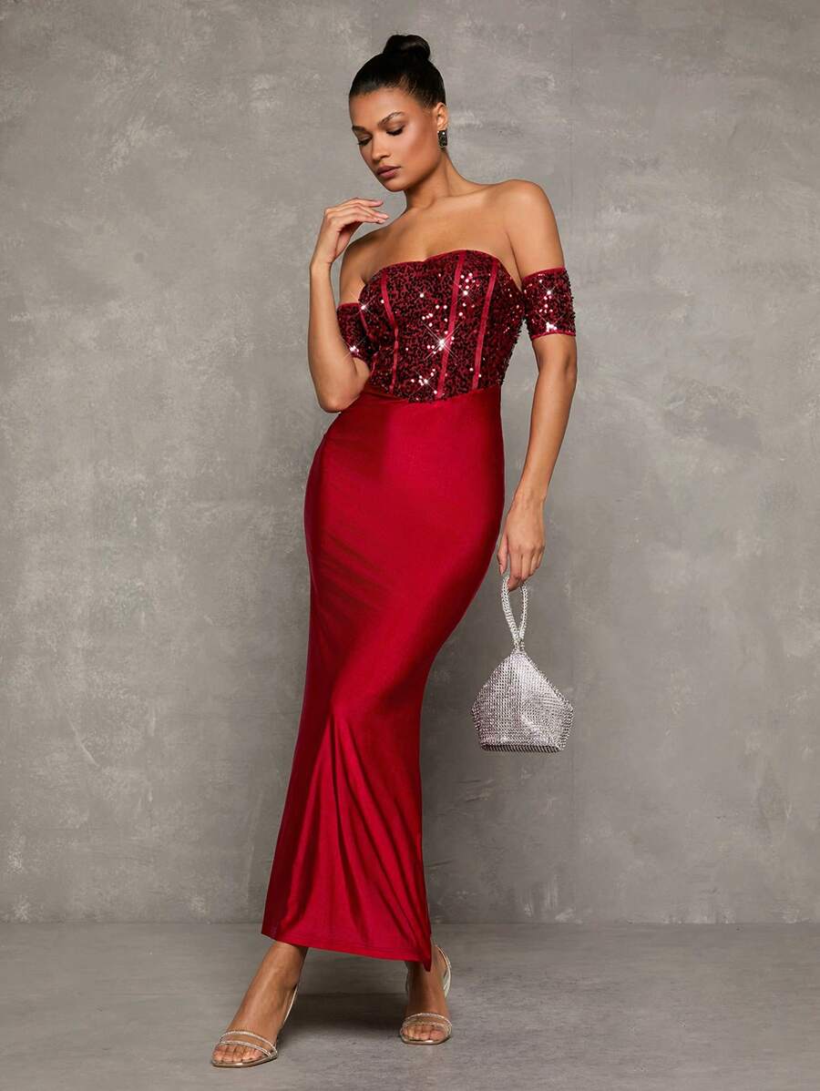Glamine 新款女式勃艮第酒红色优雅华丽露肩短袖亮片拼接后拉链缎面高腰针织正式晚宴装长裙、约会晚礼服、舞会半正式礼服、生日礼服、婚礼宾客礼服、女士礼服、女士夏季礼服、女士优雅礼服、女士生日礼服、女士长裙、女士婚礼宾客礼服、舞会礼服 - 酒紅色 - 查看 1