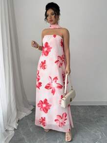 Elenzga Damen Frühlings-/Sommerurlaub Reise Blume Muster Schulterfreies langes Kleid mit Schärpe