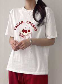 DAZY Women Summer Letter Cherry Printed Round Neck Short Sleeve Casual T-Shirt CREAMCHERRY Honey Cake Cute Tops,Graphic Tees