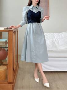 DAZY 女式撞色二合一纽扣前长袖迷你连衣裙衬衫裙，秋季服装