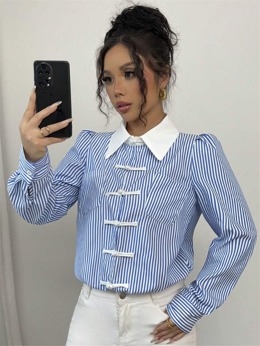 Chiquease Button Placket Polo Collar Blue & White Striped Long Sleeve Shirt For Women, Loose Fit Fashion Design Fall Cloth For Women - Blue - View 1