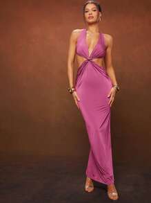Hauture Summer Women Outfit, Women Clothes, Sexy Cut Out Halter Backless Berry Maxi Dress With Gold Ornament, Women Dresses, Summer Women Dresses, Party Women Dresses, Elegant Women Dresses, Spring Women Dresses, Prom Dress, Pink Dress, Formal Women Dresses, Long Dress. For Date Night, Concerts, Performances, Parties, Clubs, Evening, Music Festivals