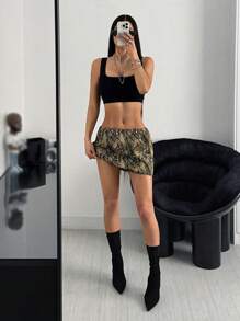 SHEIN EZwear Streetwear Low Waist Super Skirt, Solid Color, Versatile, Fashionable, Sexy, Camouflage Style - Army Green - View 4