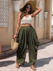 EMERY ROSE 大码女式宽松军绿色褶皱休闲裤 - 軍綠色 - 查看 4