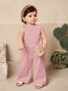Travachic KIDS Babygirl 可爱波浪无袖上衣和裤子夏季套装 - 粉色 - 查看 5
