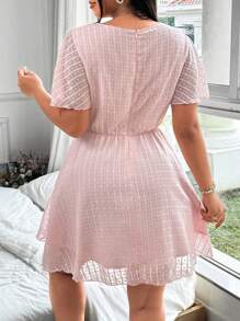 Flirla Plus Size Women's Vacation & Elegant White Ruffle Sleeve V-Neck Dress - Pink - View 2