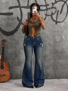 SHEIN ICON Jeans casuales y versátiles con bolsillo y efecto desgastado para mujer