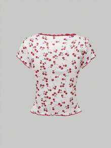 ROMWE Kawaii 夏季休闲碎花弹力修身系带蝴蝶结宽松 T 恤，适合女士度假和海滩 - 白色 - 查看 10