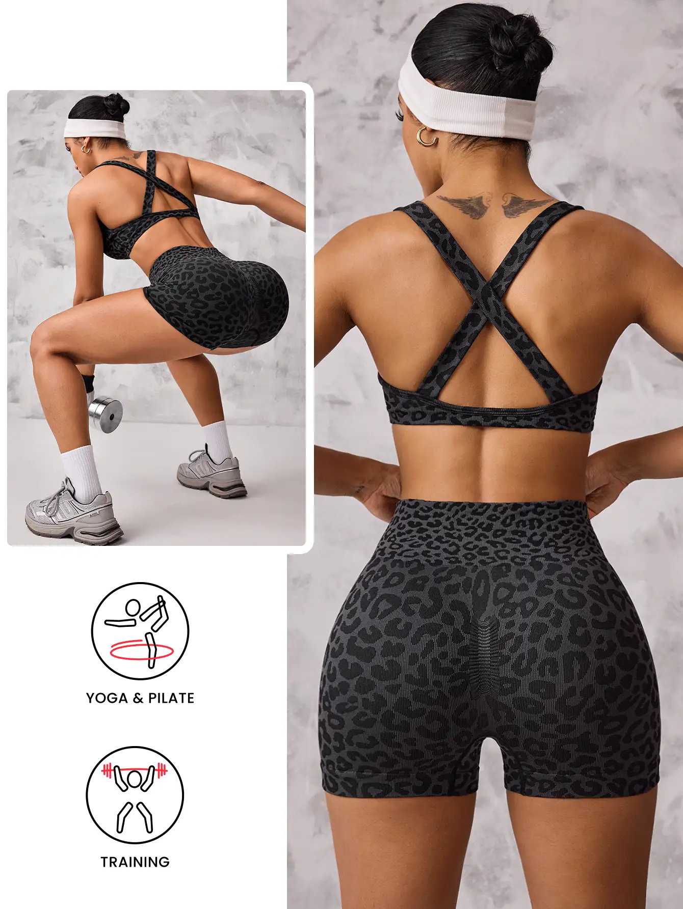 Easithlete Bộ đồ thể thao tập luyện cho nữ gồm 2 áo ngực và quần short thắt nút họa tiết da báo - Nhiều màu - Xem 2