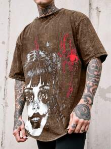 PAVTROS Manfinity Streetrush 棉质男士肖像图案圆领休闲短袖 T 恤，图案男士 T 恤，超大 T 恤，宽松版型，男友礼物，黑色 T 恤，男士街头风格服装 - 咖啡棕 - 查看 3