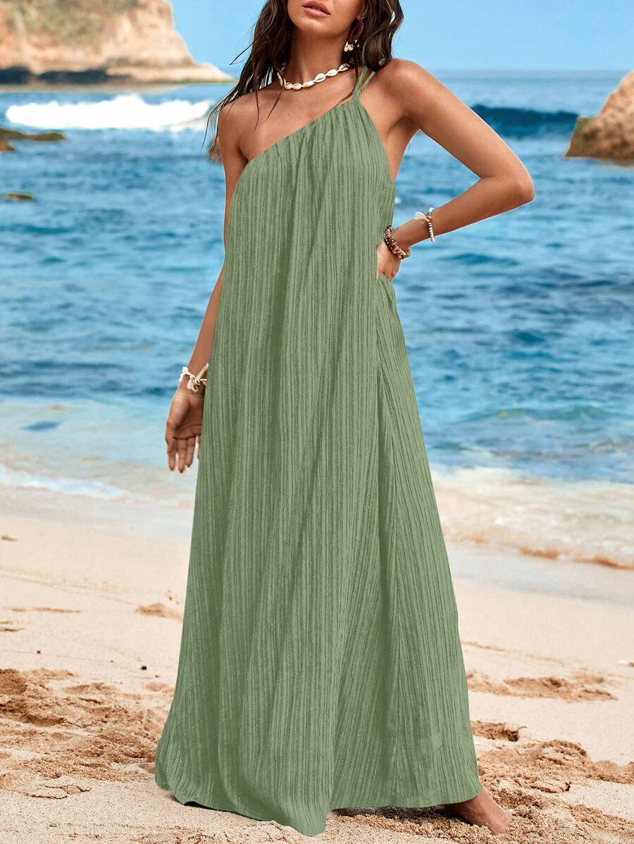 SHEIN VCAY Vacation Casual Solid Color Textured Asymmetric Dress Green - Mint Green - View 1