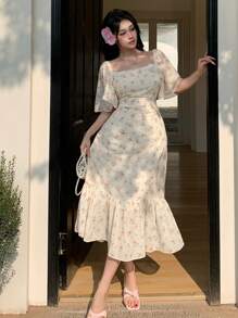 DAZY Elegant Floral Chiffon Flounced Square Neck Midi Mermaid Dress For Women, Summer Sundress Vacation Outfits Women - Apricot - View 4