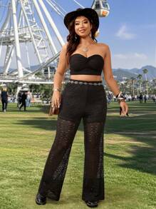 SHEIN VCAY Plus Size Sexy Romantic Elegant Floral Knit Jacquard Semi-Sheer Wide Leg Pants, For Party And Valentine's Day, Mesh, Festival For Women,Rave, Graduation, Concert - Black - View 4