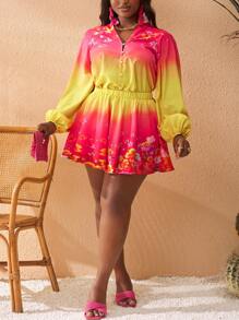 Slaydiva Plus Size Women's Yellow Gradient Floral Print Long Sleeve Shirt & Asymmetric Hem Sun Dress Suit For Vacation, Romantic, Casual, Beach - Multicolor - View 4