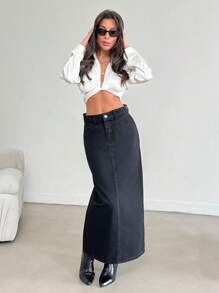 EURMUSE WOMEN LONG SKIRT WASHED BLACK SLIT DETAIL ON BACK - Black - View 4