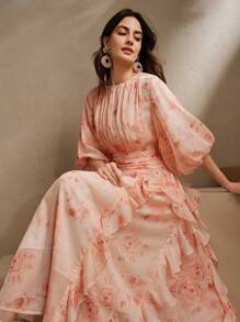 Anewsta Elegant Ruffle Cinched Waist A-Line Pink Floral Print Lantern Sleeve Satin Chiffon Dress For Women, Spring/Easter