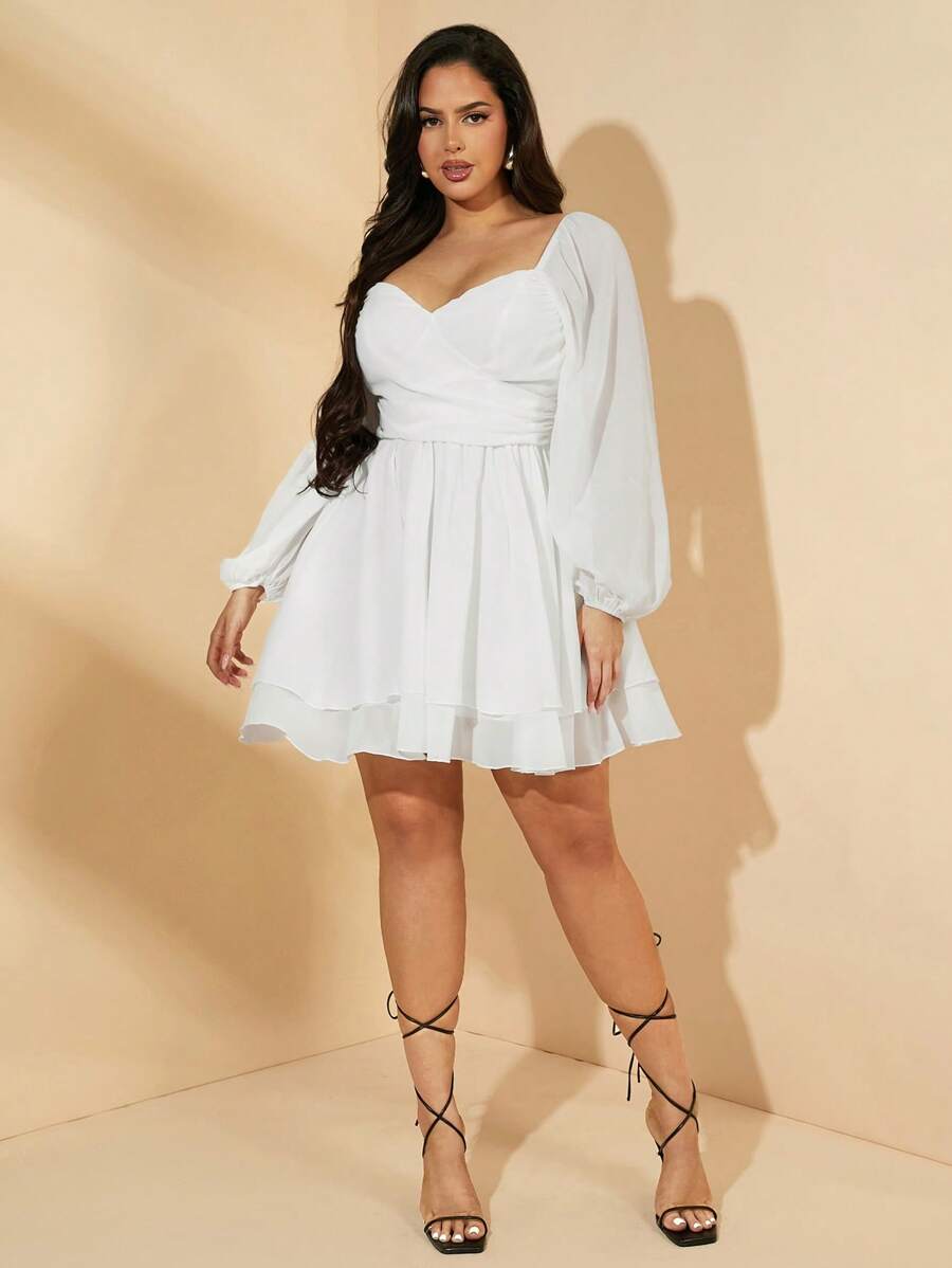 SHEIN BAE Vestido holgado de manga larga ligeramente transparente de color blanco sólido para mujer talla grande, apropiado para vestido de graduación, vestido de cumpleaños, vestido de fiesta, vestido de noche, vestido de dama de honor, vestido de concierto, vestido de vacaciones, vestido de oficina, vestido de boda, vestido de club, vestido de graduación - Blanco - Ver 1