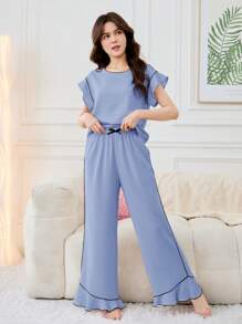 SHEIN 少女简约优雅拼色荷叶边短袖和裤子 2 件套睡衣套装，编织面料家居睡衣 - 藍色 - 查看 4