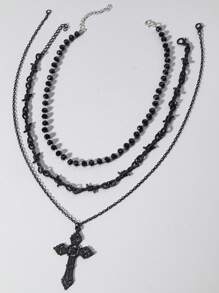 ROMWE Goth 3pcs/Set Gothic Dark Personalized Glass Crystal Black Beaded Vintage Hip Hop Thorns Cross Pendant Necklace, Suitable For Women & Men Daily Wear